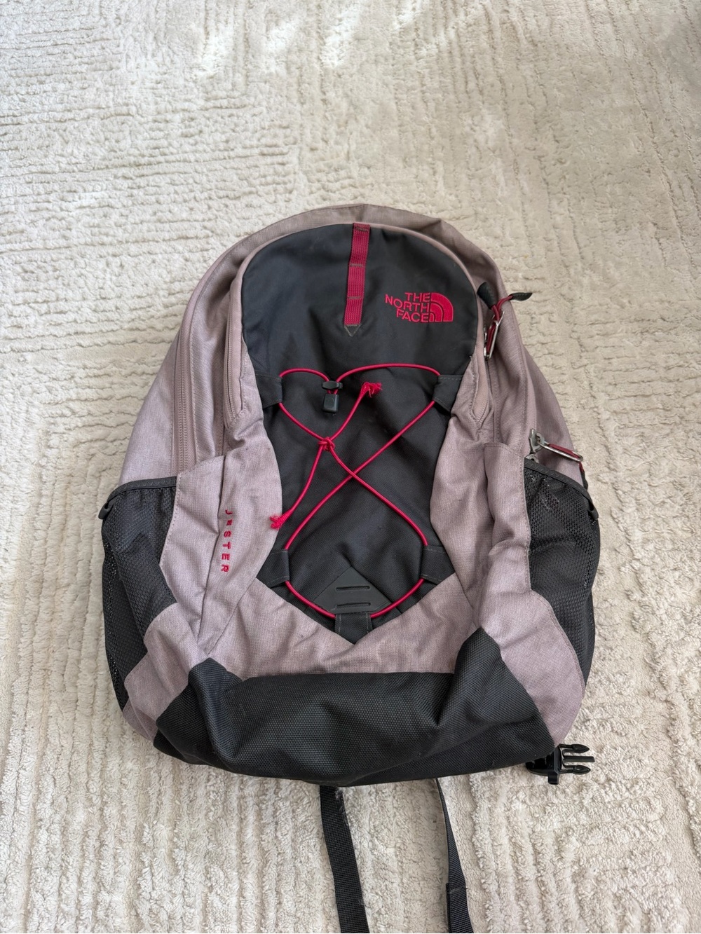 The North Face Jester Gray Black Pink Backpack Bungee Daypack Athleisure
